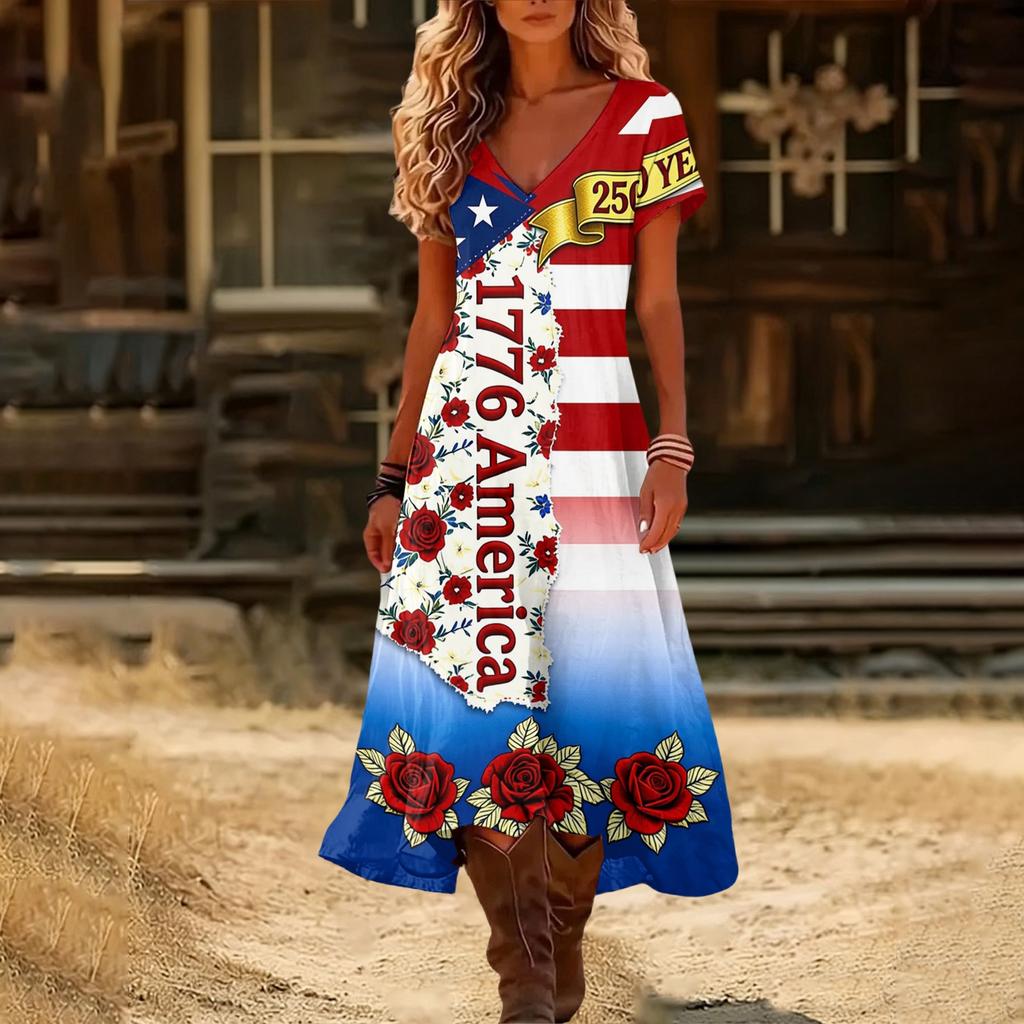 Damen Maxikleid mit V-Ausschnitt und kurzen Ärmeln mit 1776 Amerika-Print, Farbverlauf-Saum und Blumengrafik, Lässig, Lockerer Schnitt
