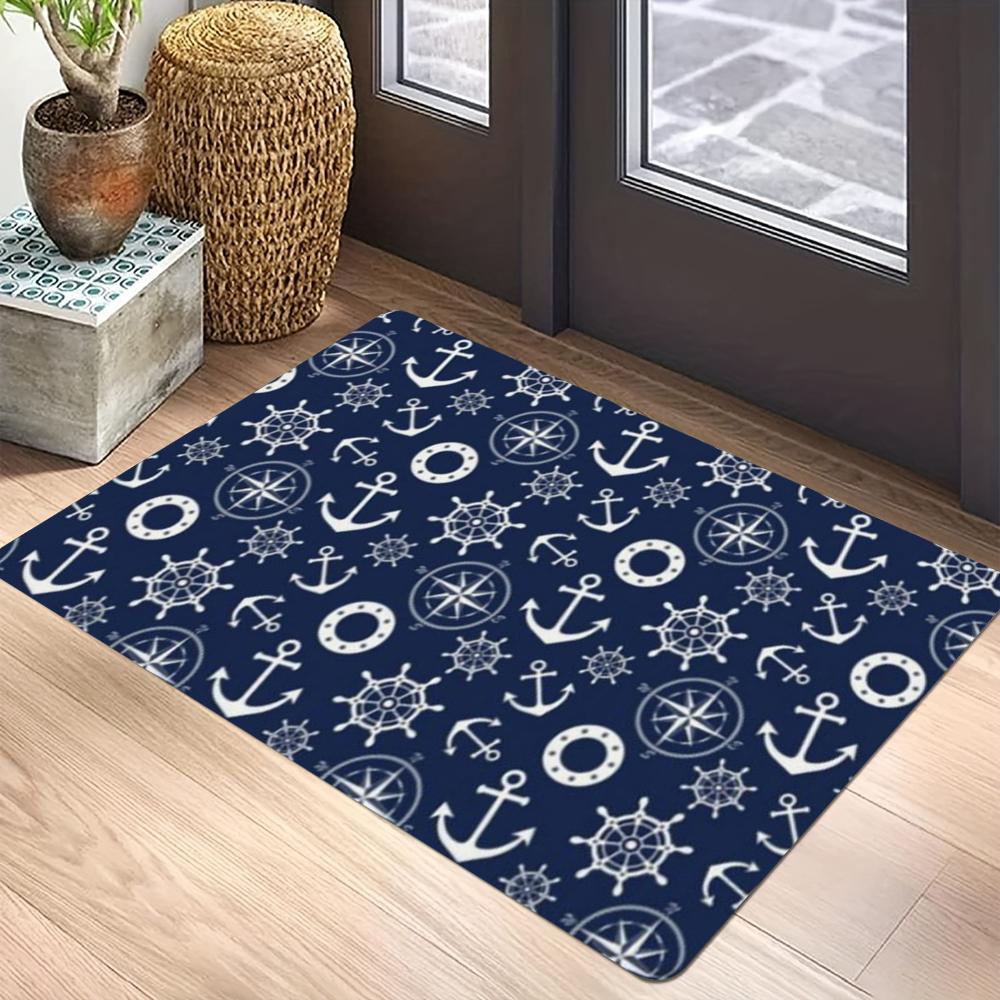 Navy Blue Anchor & Sailboat Print Carpet Mat Rug for Living Room Bedroom Indoor Home Decoration Modern Nautical Design Floor Mat