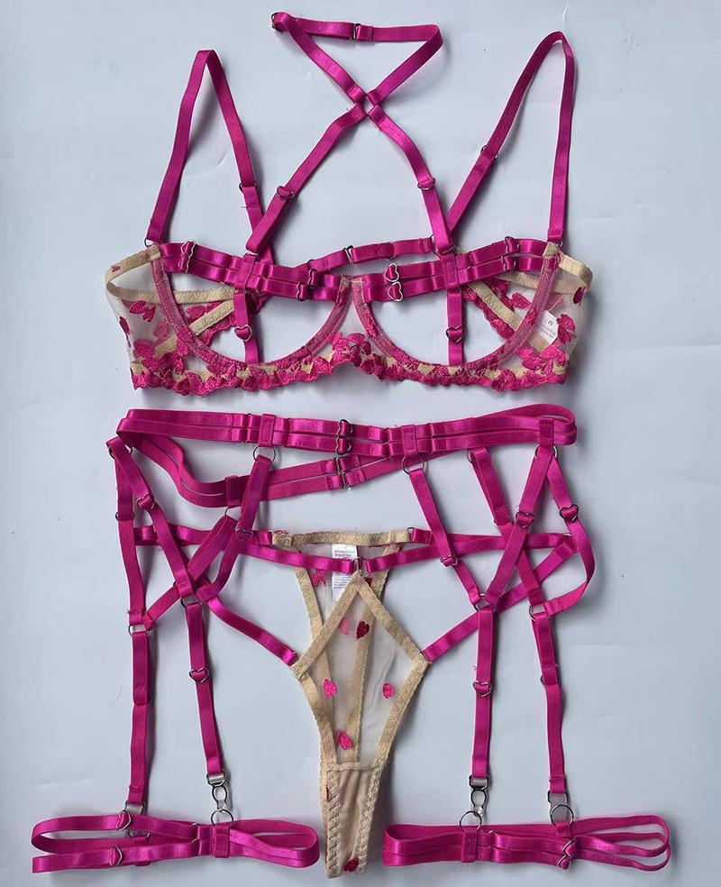 

Сексуальный костюм Сексуальный модный двухцветный ремешок для сращивания Сложная тяжелая ручная работа Комплект нижнего белья из 5 предметов XL розы красного