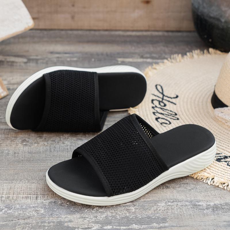 Flat Bottom Slippers Women Summer Round Head Mesh One Word Outer Wear Breathable Casual Sandal Slippers
