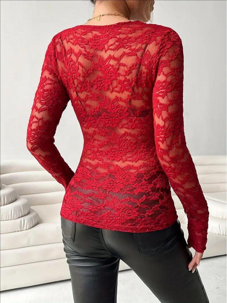 Cross-Border Women's European/American Lace Top - Sexy, Solid Color, See-Through Mesh, Long-Sleeved for Hot Girls.