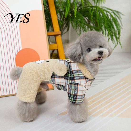 Warm Dog Jumpsuit Fuzzy Bear Jumpsuit, Cute Plaid Outfit, 4-Legged Apparel, Autumn Winter Onesie Plush Lined Cozy Clothes for Small Clothing