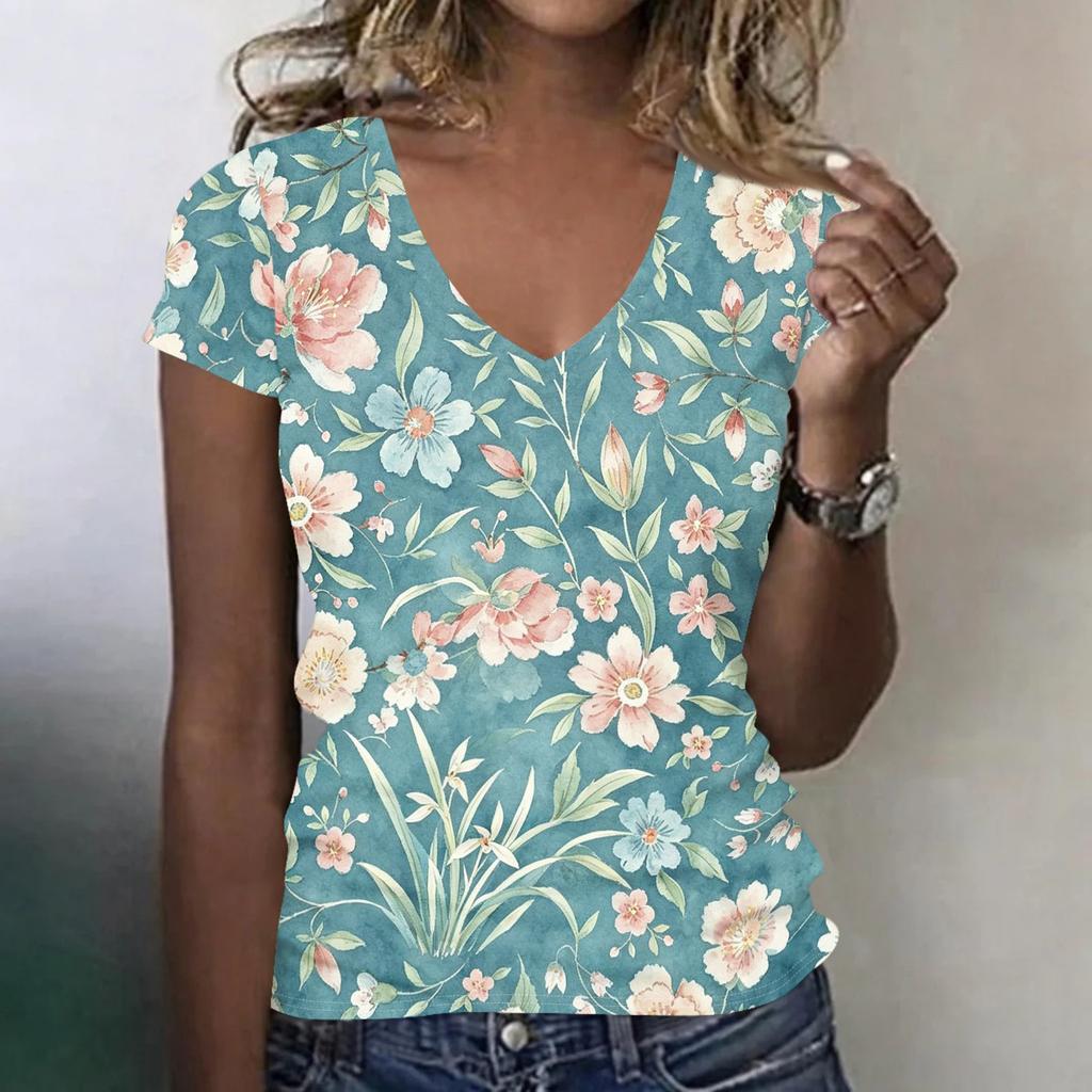 Camiseta Floral de Manga Corta con Cuello en V para Mujer, Informal, Holgada, Ligera, Pulóver para Uso Diario, Oficina, Escuela, Viajes