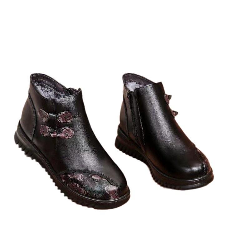 Cotton Shoes Soft Leather Middle-aged and Elderly Women's Shoes Non-slip Elderly Grandma Shoes Velvet Warm Short Boots In Winter