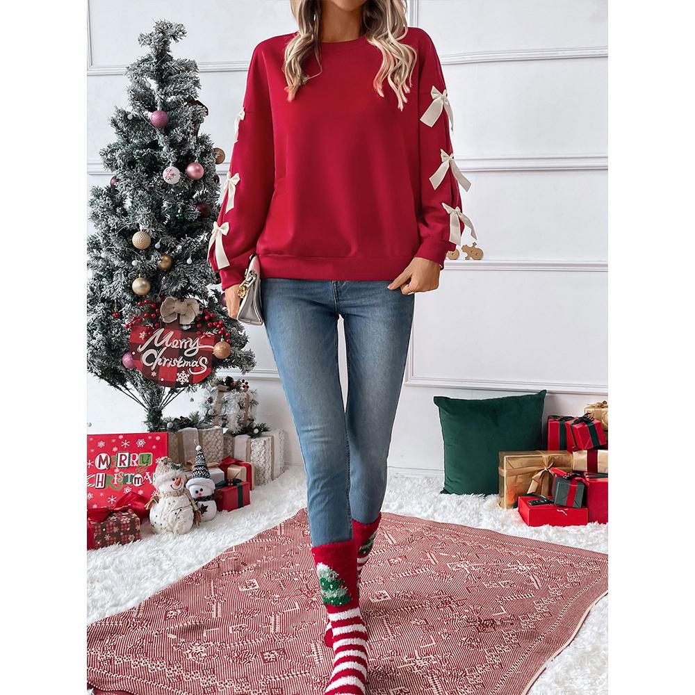 Weihnachts-Sweatshirts für Damen Süßes Schleifen-Sweatshirt Oversized Rundhals-Sweatshirt Ohne Kapuze Weihnachten Herbst Y2k Oberteile Pullover