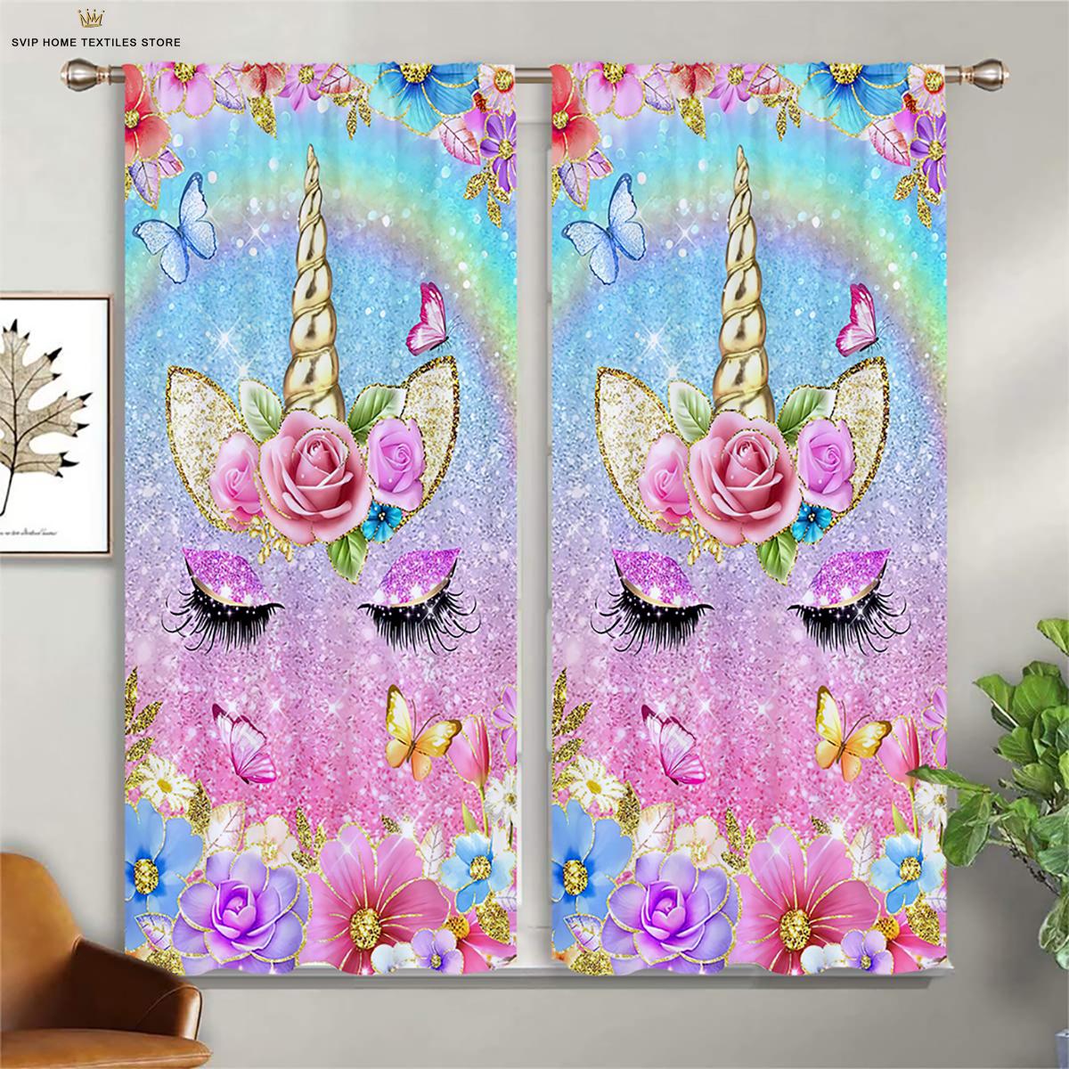 3D Cartoon Character Anime Unicorn Curtain,Drapes Rainbow Horse Curtain,Drapes 2 Panel, Kids Room, Boys, Girls Bedroom, Den, Study Room Decor W50X130H(CM)X2PCS&Grommet Top