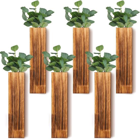 Skylety 6 Pack Wood Wall Planters for Indoor Plants Wooden Hanging Vase Farmhouse Wall Decoration for Bedroom and Living Room(Wood Color)
