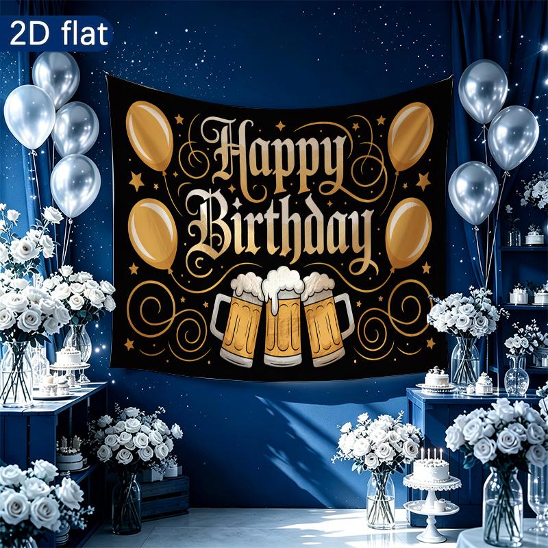 Golden Balloons Gifts Beer Mugs Birthday Party Backdrop, Polyester Banner for Photo Background & Decor