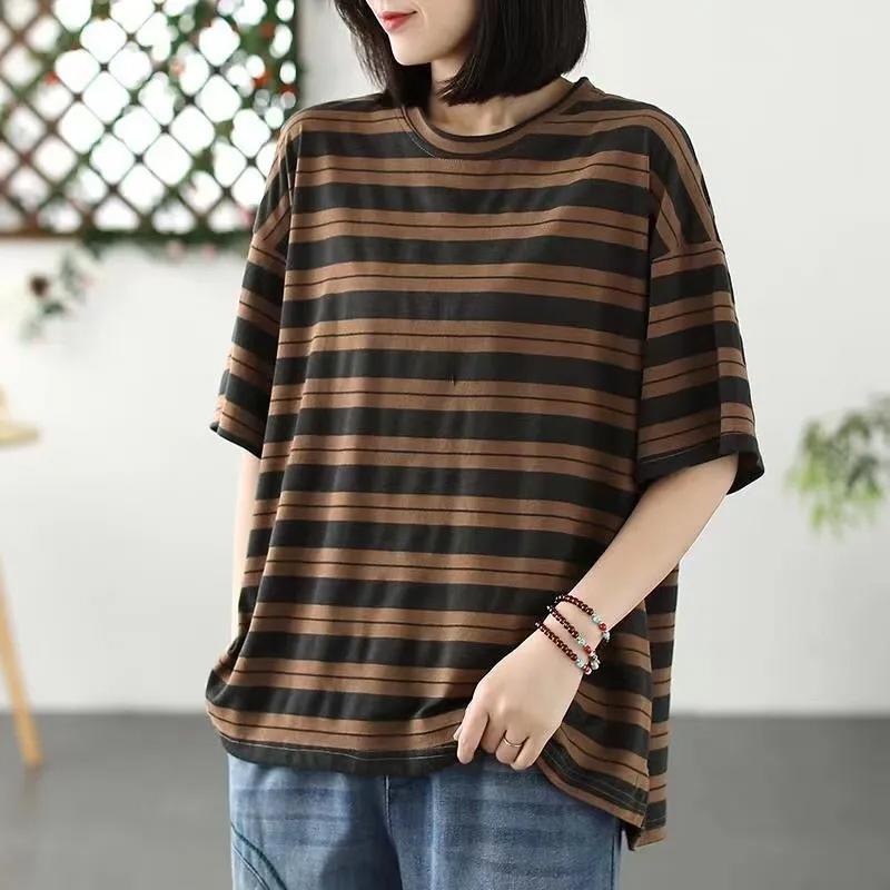 T-shirt for Women Summer Large Size Cotton T-shirt Soft Loose Striped Casual Pullover T-shirt Top