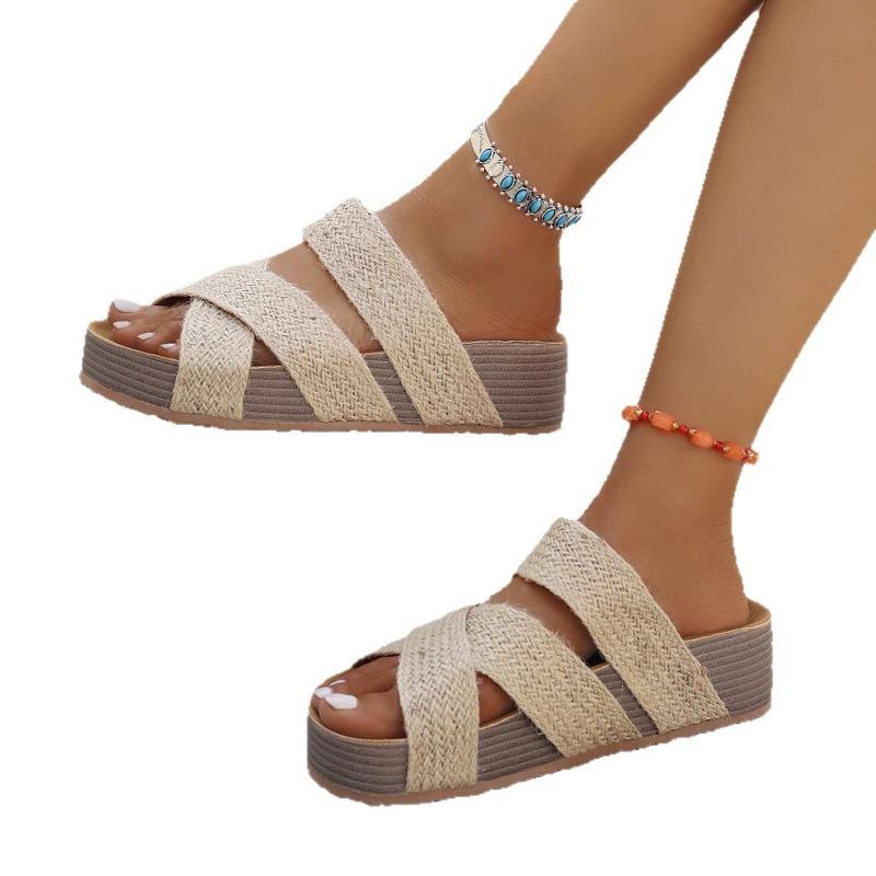 Large size casual sandals women's summer new flat-bottomed thick-soled one-word cross sandals