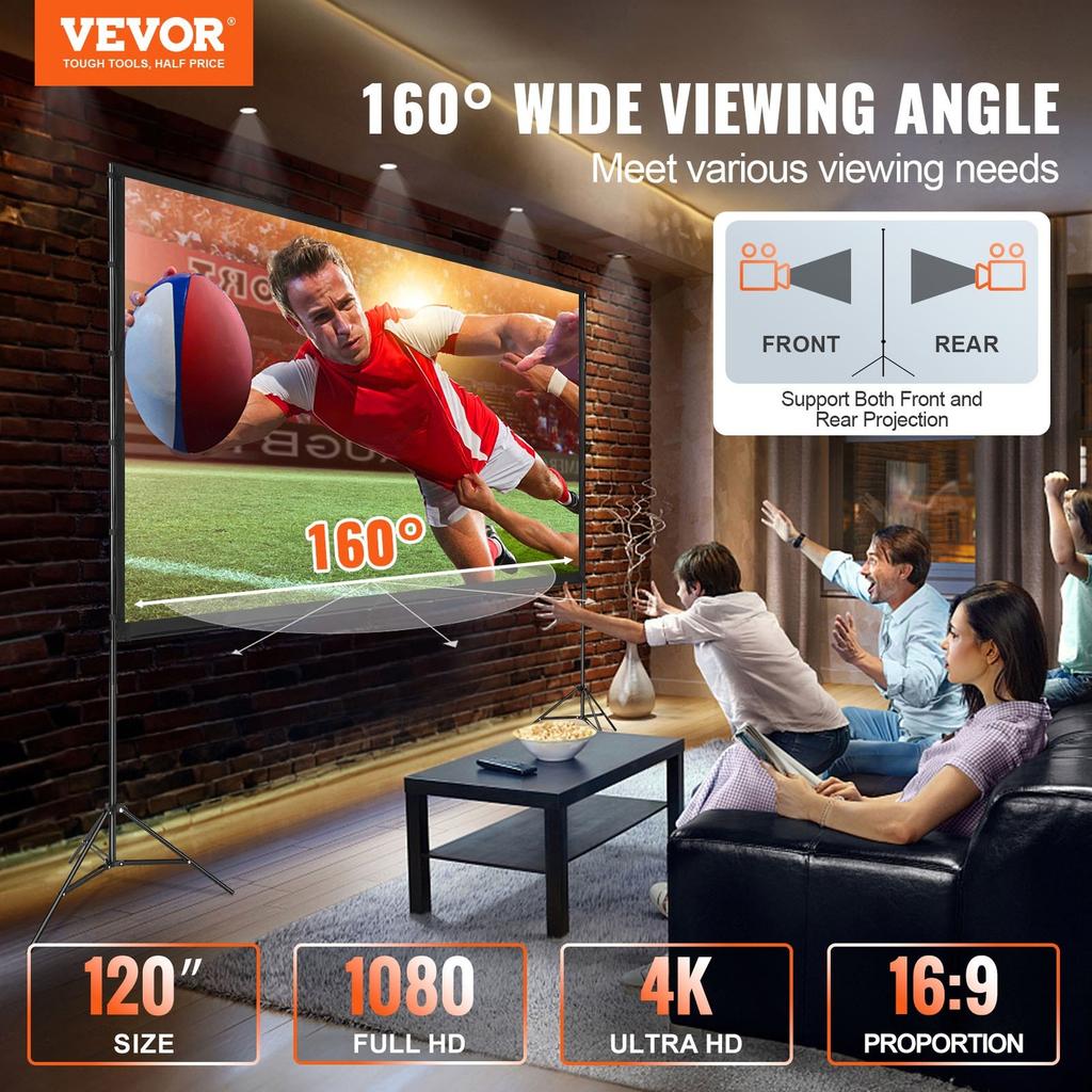 Projector Screen with Stand, 120 inch 16:9 4K 1080 HD Outdoor Movie Screen with Stand, Wrinkle-Free Projection Screen with Tripods and Carry Bag, for