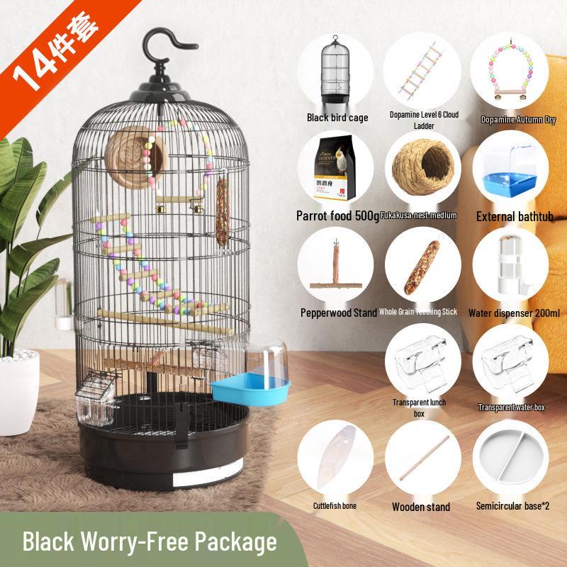 Luxury Large Round Metal Bird Cage for Parrots, Budgies, Cockatiels, and Mynahs – Complete Set