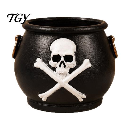 Trendy Plant Gift for Friends Witches Cauldron Planter, Halloween Skull Flower Pot, Gothic Resin Table Centerpiece Black Pot Candy Bowl Herbs, Indoor,