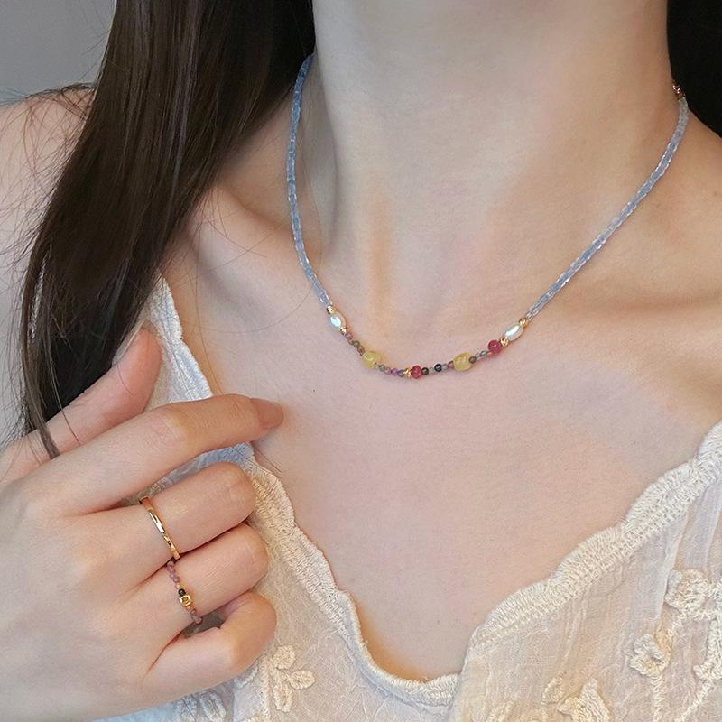 Handmade Natural tourmaline and pearl small square aquamarine necklace for women, niche vintage style collarbone chain Natural Tourmaline Pearl