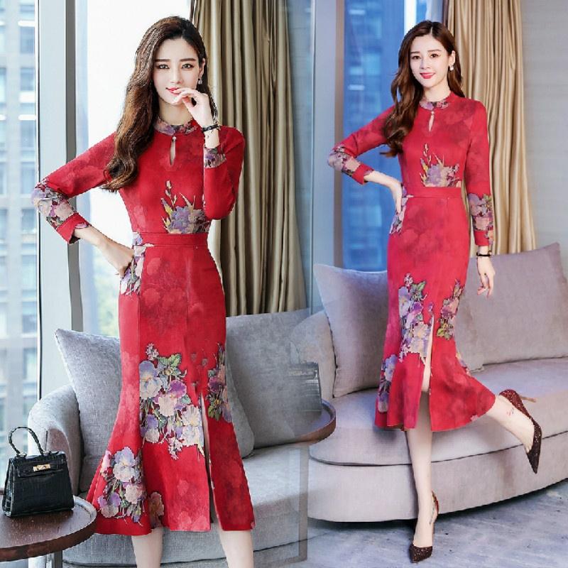 

Осень и зима Новое длинное платье с V-образным вырезом и узкими разрезами и длинными рукавами M красный