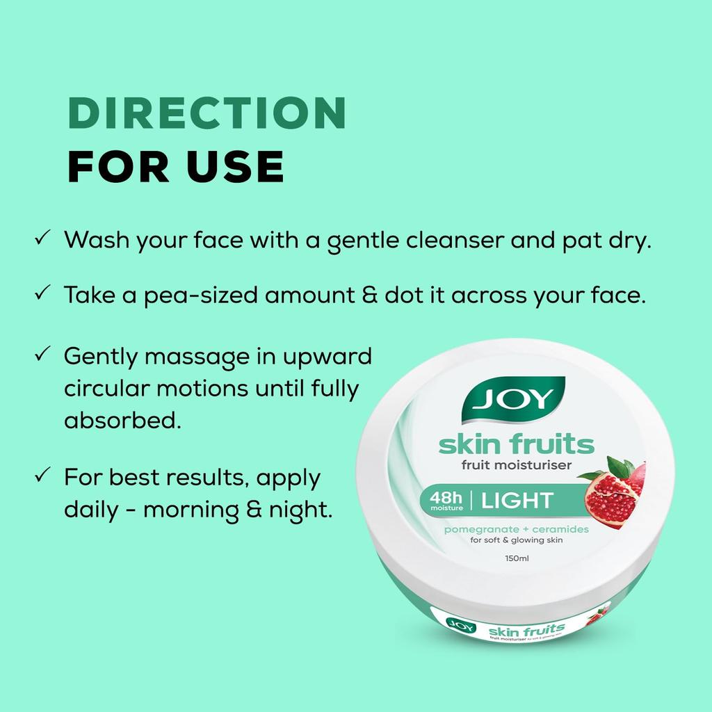 JOY Skin Fruits Non-Oily Light Moisturizer 150ml Pack of 1 for Pomegranate Fast Absorbing Hydration and Smooth Skin