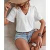 Dressy Summer Eyelet Tops for Women Short Sleeve Lace V Neck Tunic Blouse Loose Button Up Casual Tee Shirts