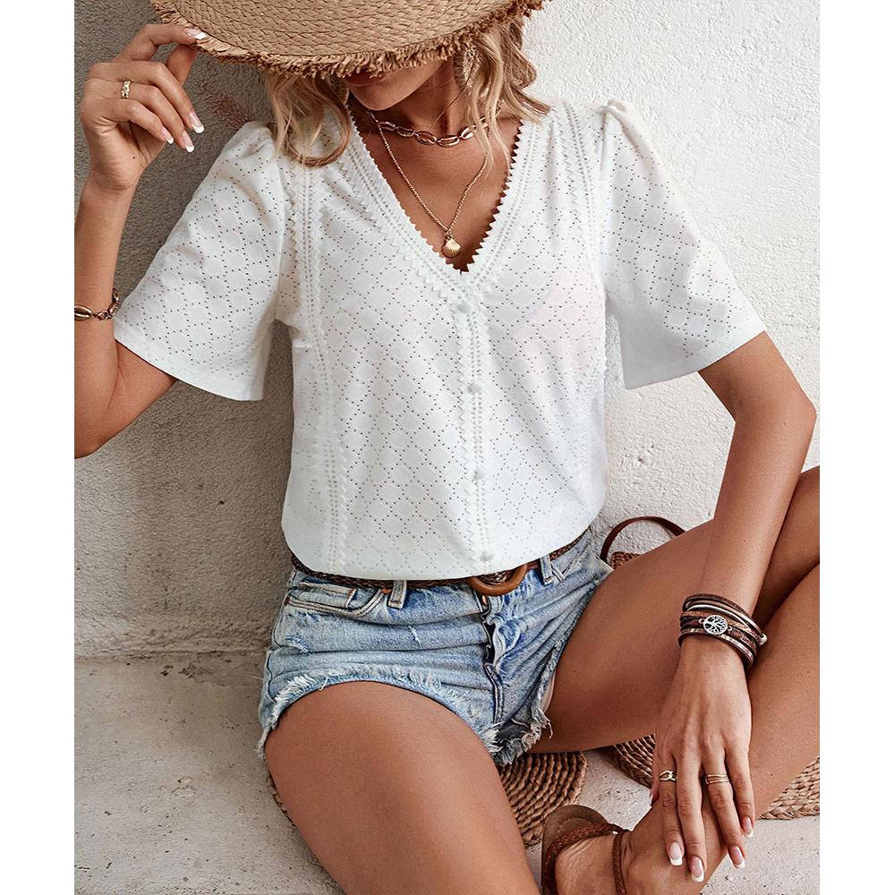 Dressy Summer Eyelet Tops for Women Short Sleeve Lace V Neck Tunic Blouse Loose Button Up Casual Tee Shirts