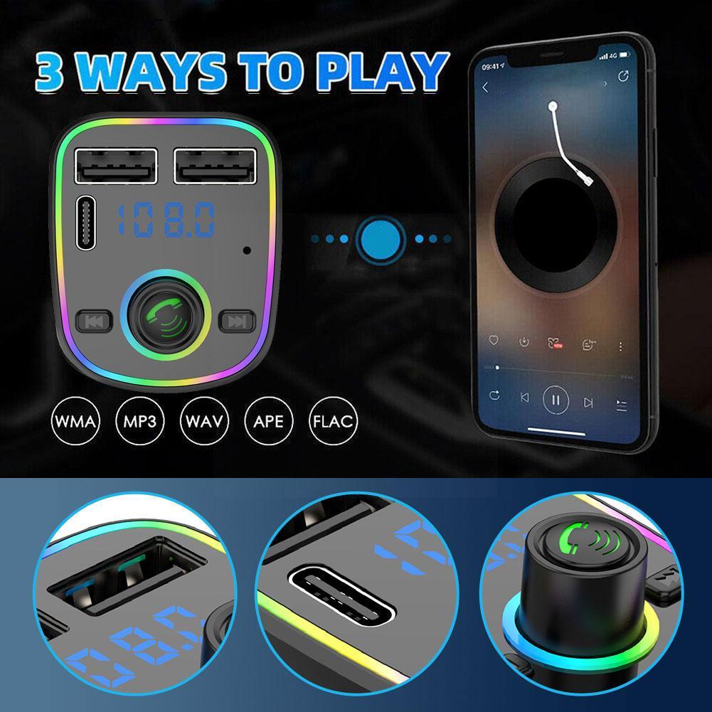 Auto Bluetooth FM Transmitter PD Typ-C Dual USB 3.1A Freisprecheinrichtung Bunter Lichtmodulator Schneller Umgebungsplayer Ladegerät MP3 P7D7