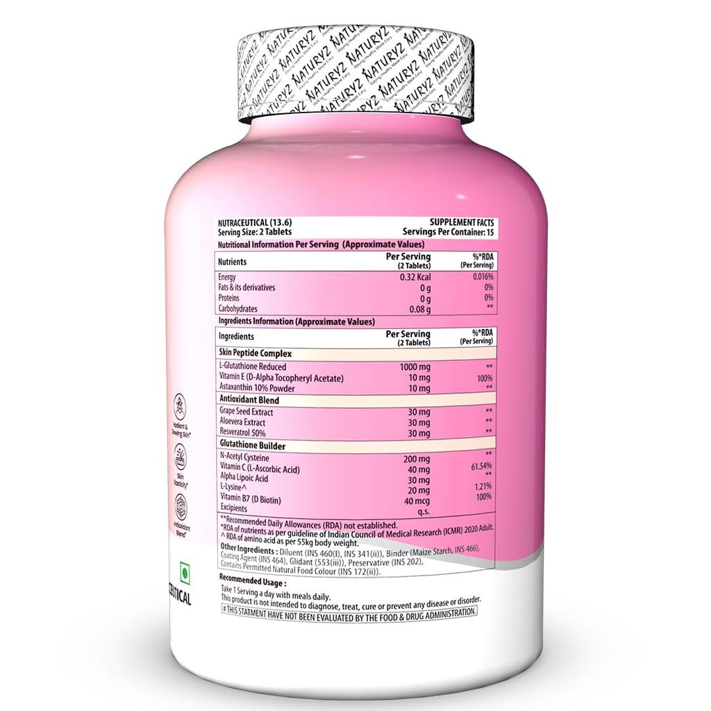 NATURYZ Hochdosiertes L-Glutathion 1000 mg pro Portion Glow-Nahrungsergänzungsmittel für Frauen & Männer | Höchste 11 Nährstoffe | Hautpeptid-Komplex zur Depigmentierung