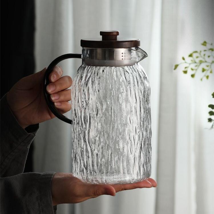 Japanese Style Glass Cold Water Kettle Wooden Cover Bark Pattern Glass Juice Drink Kettle Set Large Capacity Cooling Boiled Water Kettle