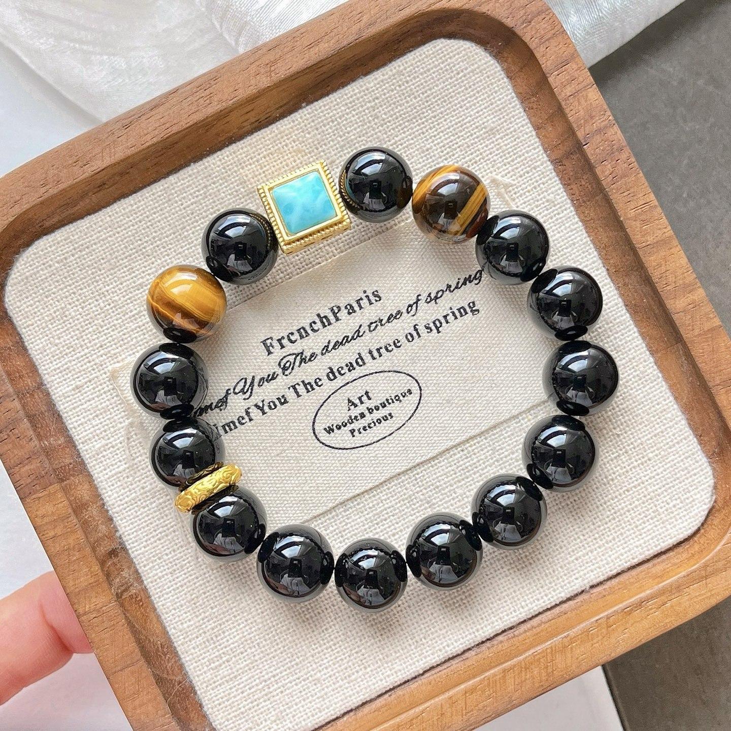 12Mm Large Particle Natural Tiger S Eye Stone Black Agate Premium Bracelet Bracelet.