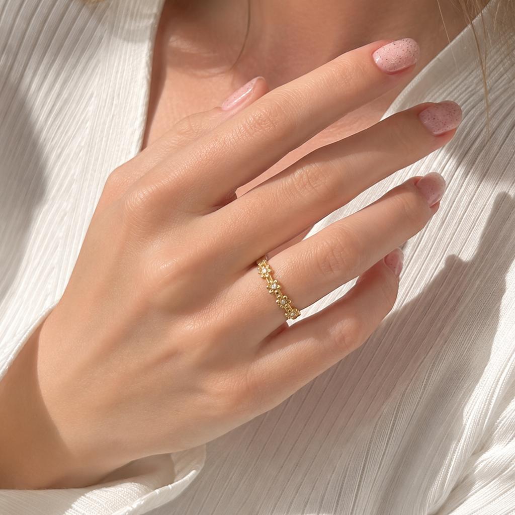 Xiaomi Skyrim Delicate Zircon Flower Ring Stainless Steel Gold Color Adjustable Open Finger Rings For Women Wedding Jewelry Gift