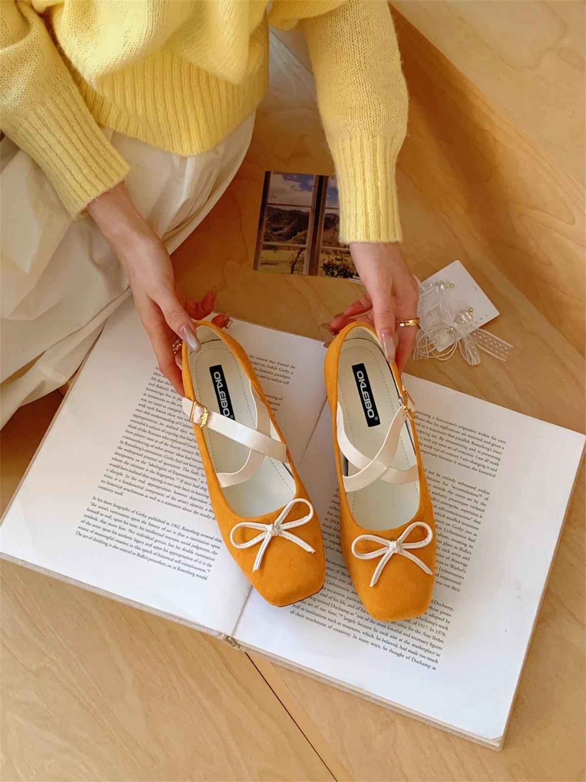 Vintage Niche Leopard Print Inner Heightening Mary Jane Light Mouth Bow Cross Ballet Shoes Grandma Shoes 35 жёлтый 5750₽