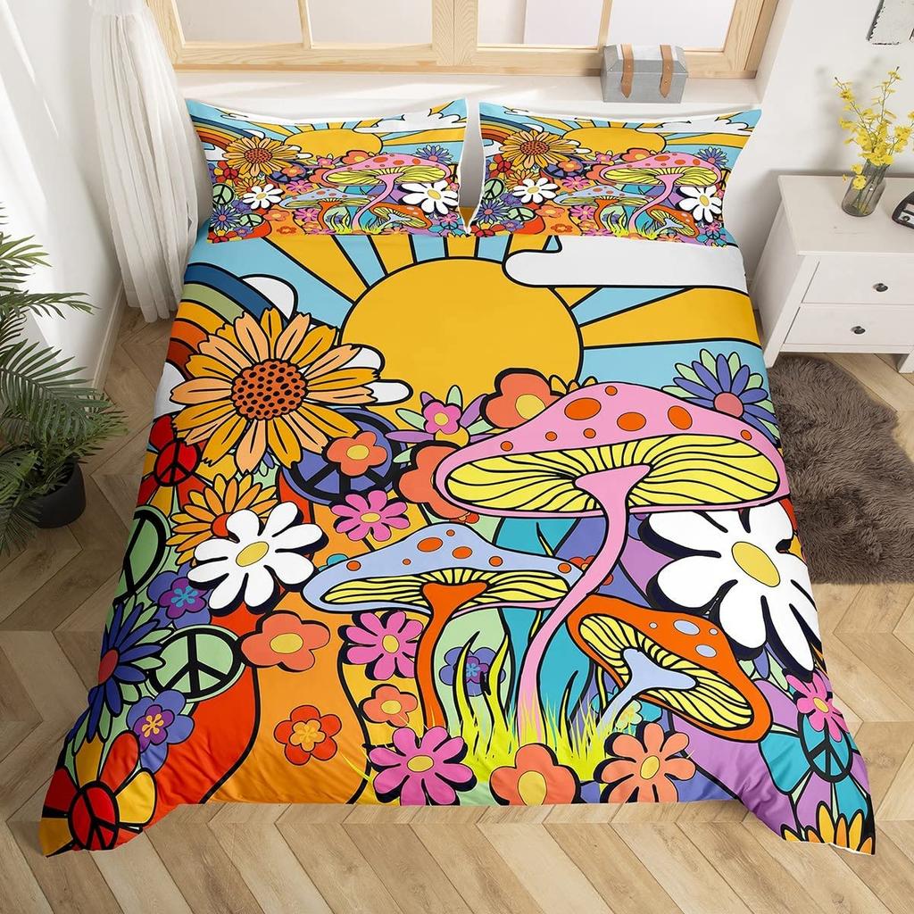 Wild Mushroom Duvet Cover Set Burgundy Plant Bedding Set For Kids Comforter Cover Soft Polyester King Queen Size With Pillowcase