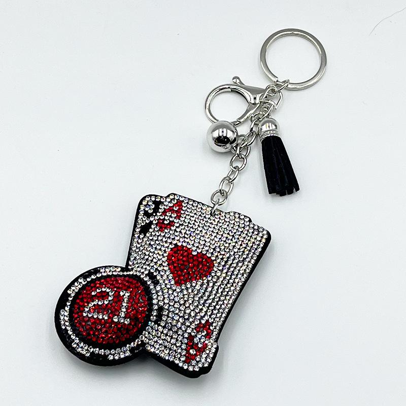 Rhinestone Red Heart Playing Card Keychain with Tassel - Fashionable Bag Charm & Car Ornament