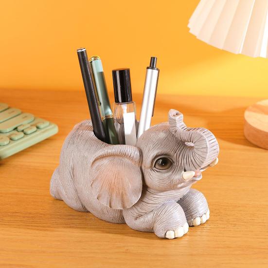 Elephant Pen Holder Resin Lucky Elephant Desk Organizer Standing Elephant Pencil Holder