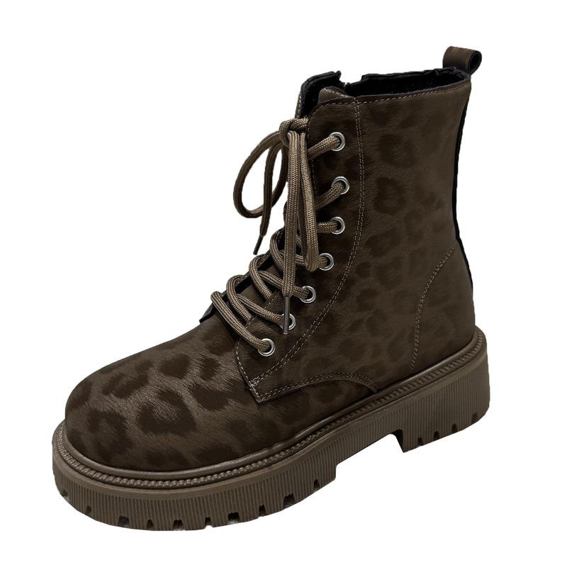 Dicke Sohle Martin Stiefel Damen Herbst und Winter neue Leopardenmuster Lokomotivstiefel Samt Stiefeletten Retro Slim Damenstiefel