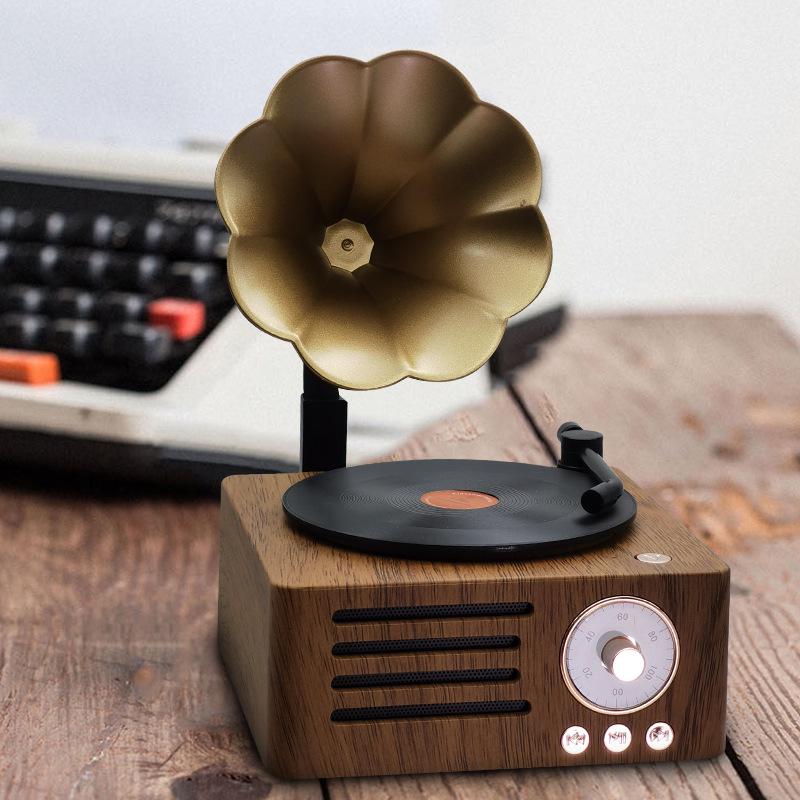 Retro Wood Grain Bluetooth Vinyl Speaker with Rotating Design