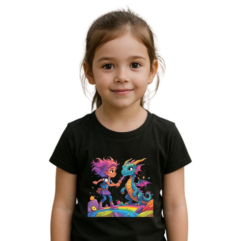 Kids Dragon &  Girl Fantasy T-Shirt | Rainbow Magical Print  | Ages 3-13