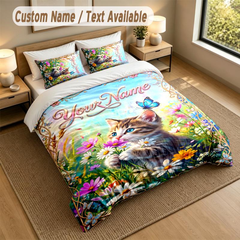 Cat Theme Personalized 3Pcs Bedding Set Custom Text & Name 1 Sheet 2 Pillowcases Household Bedding 1pc
