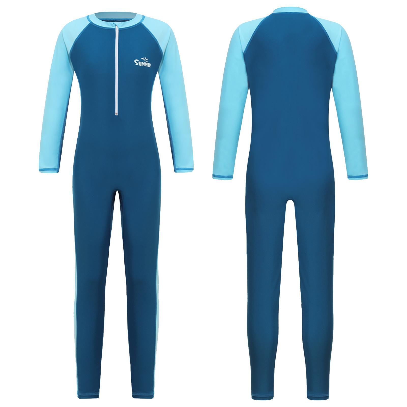 

Boys Full Body Swimsuit Long Sleeve Color Block Patchwork Design Front Zipper UPF 50 Rash Guard Sun Protective Swimwear 15-16 Years небо синє кольору