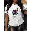 Tailles européennes T-shirt tendance pour femme à col rond | Avec imprimé Rose et Papillon pour la Saint-Valentin, Design minimaliste, Confortable