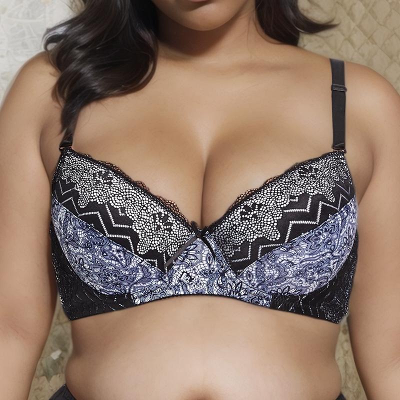 Women Plus Size Floral Print Lace Spliced Plunge Bra with Steel Rimmed Support, Vintage & Romantic, for Daily Wear