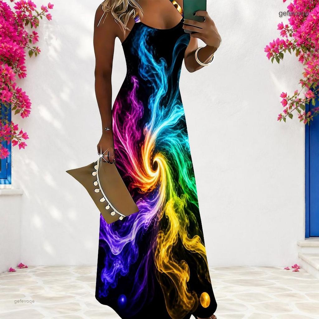 Women Plus Size Scoop Neck Strappy Sleeveless Colorful Printed A Line Maxi Dress