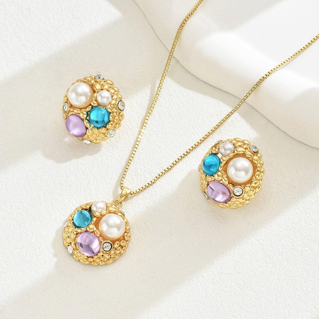 Female Niche Simple Sensen-tied Earrings Necklace Set Inlaid Gemstone Geometric Irregular Design Copper Link Chain Jewelry Set
