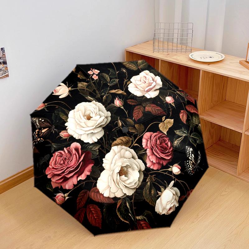 1 PC Automatic Folding Umbrella - Roses and Butterflies Pattern, Portable & Foldable Design with 8 Ribs, Christmas Birthday Gifts