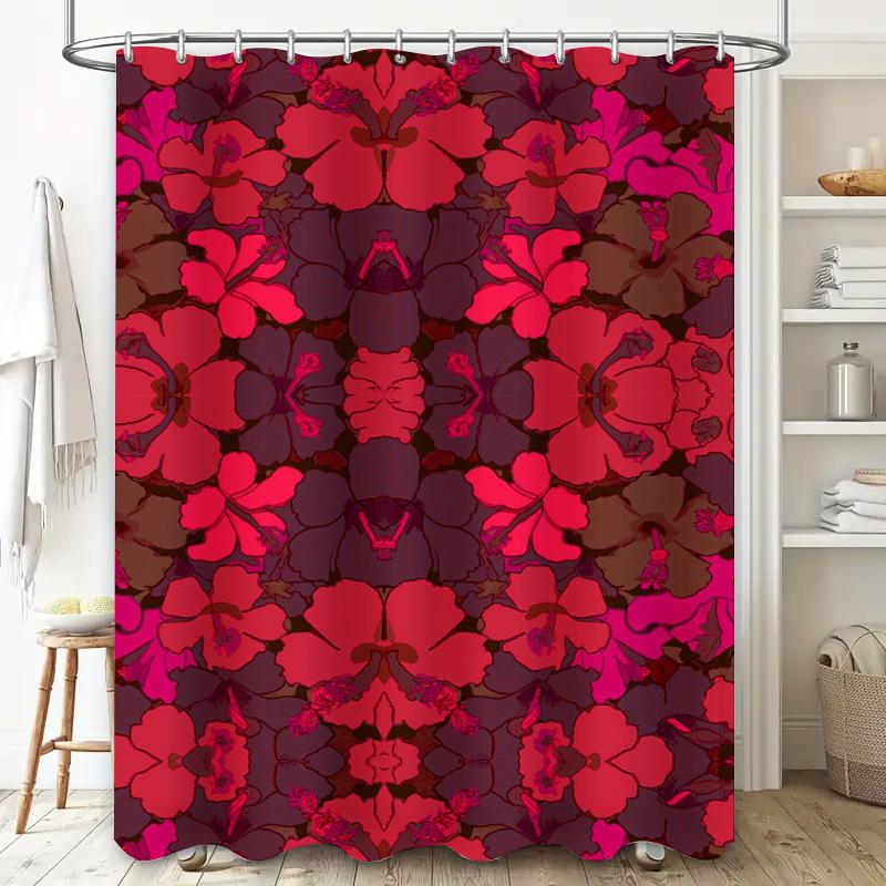 Modern Polka Dot Bath Shower Curtain Waterproof Polyester Fabric Decorative Set for Bathroom in Rich Maroon Color with 12 Hooks