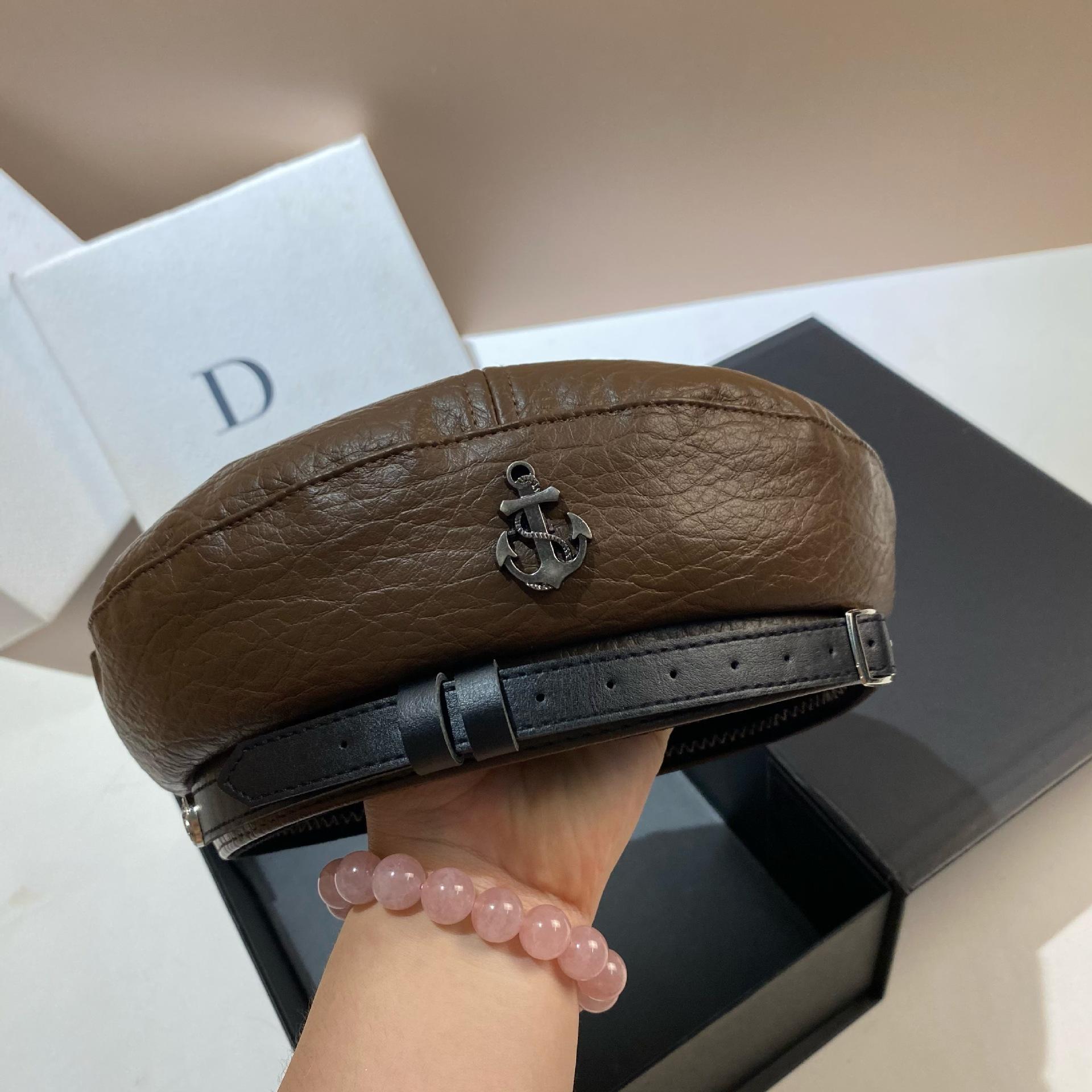 

European Station High Quality British Style Belt Anchor Beret Spring And Autumn Personality Litchi Pattern Leather Painter Hat adjustable