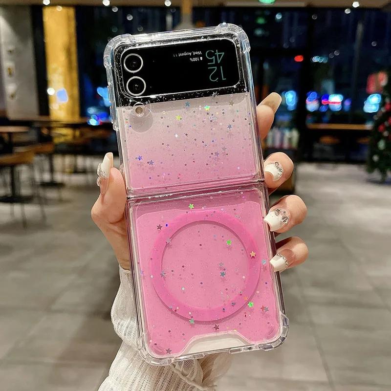 For Samsung Z Flip 6 5 4 3 Magsafe Gradient Glitter Folding Phone Case For Samsung Z Flip 5 4 Magnetic Charging Shockproof Cover