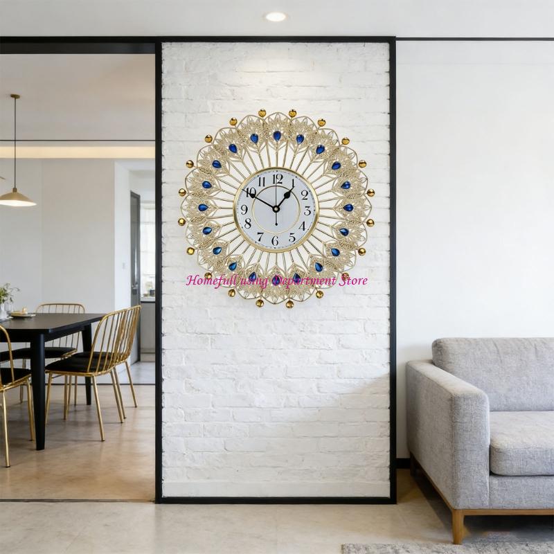 Wall Clock Metal None-Ticking Silents Clock Crystal Peacocks Digital Wall Clock