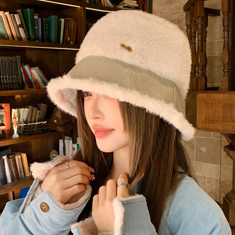 

Женская теплая панама на осень и зиму с защитой ушей, маленькая кожаная шляпа с открытым лицом, лоскутная шляпа-ведро One Size