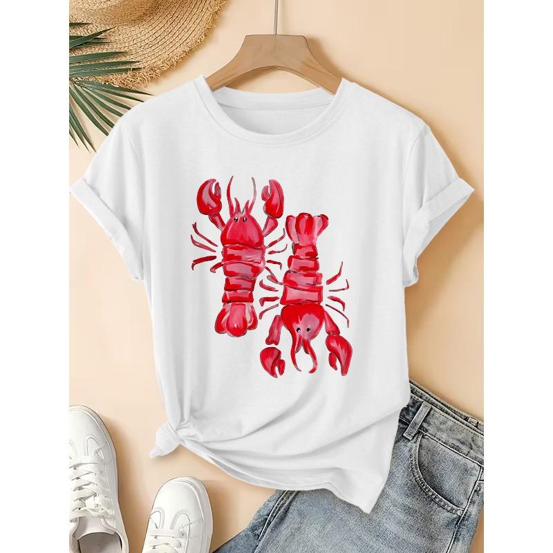 Spring/Summer New Women'S Round Neck Hand-Painted Lobster Print Short Sleeve T-Shirt, Vintage Distressed Style Casual Top,