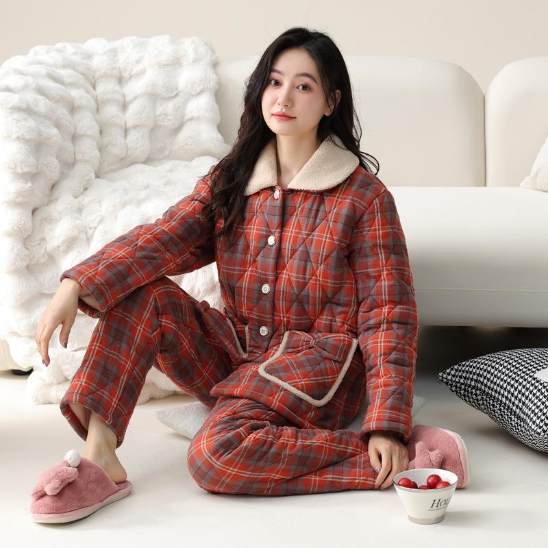 Pajamas Women'S Winter Three-Layer Thickened Fleece Woven Cotton Padded Coral Fleece Autumn And Winter Loungewear