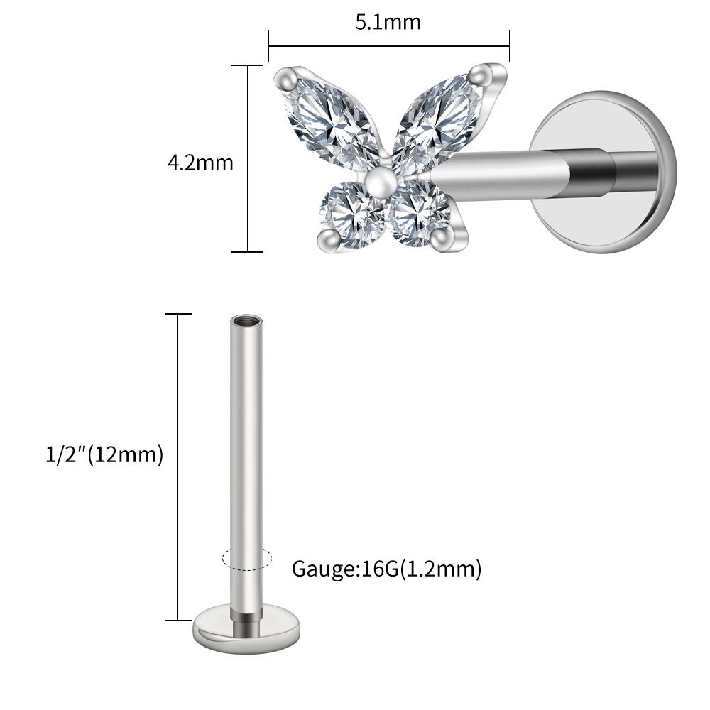 Right Grand ASTM F136 Titanium 16G Mini Butterfly CZ Labret Tragus Cartilage Conch Forward Helix Stud Nose Piercing Body Jewelry