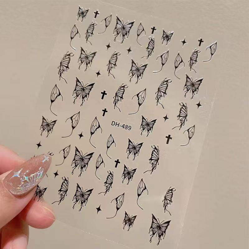 

Waterproof Silver & Black Butterfly Nail Art Decals - Hand-Painted Hollow-Out Design